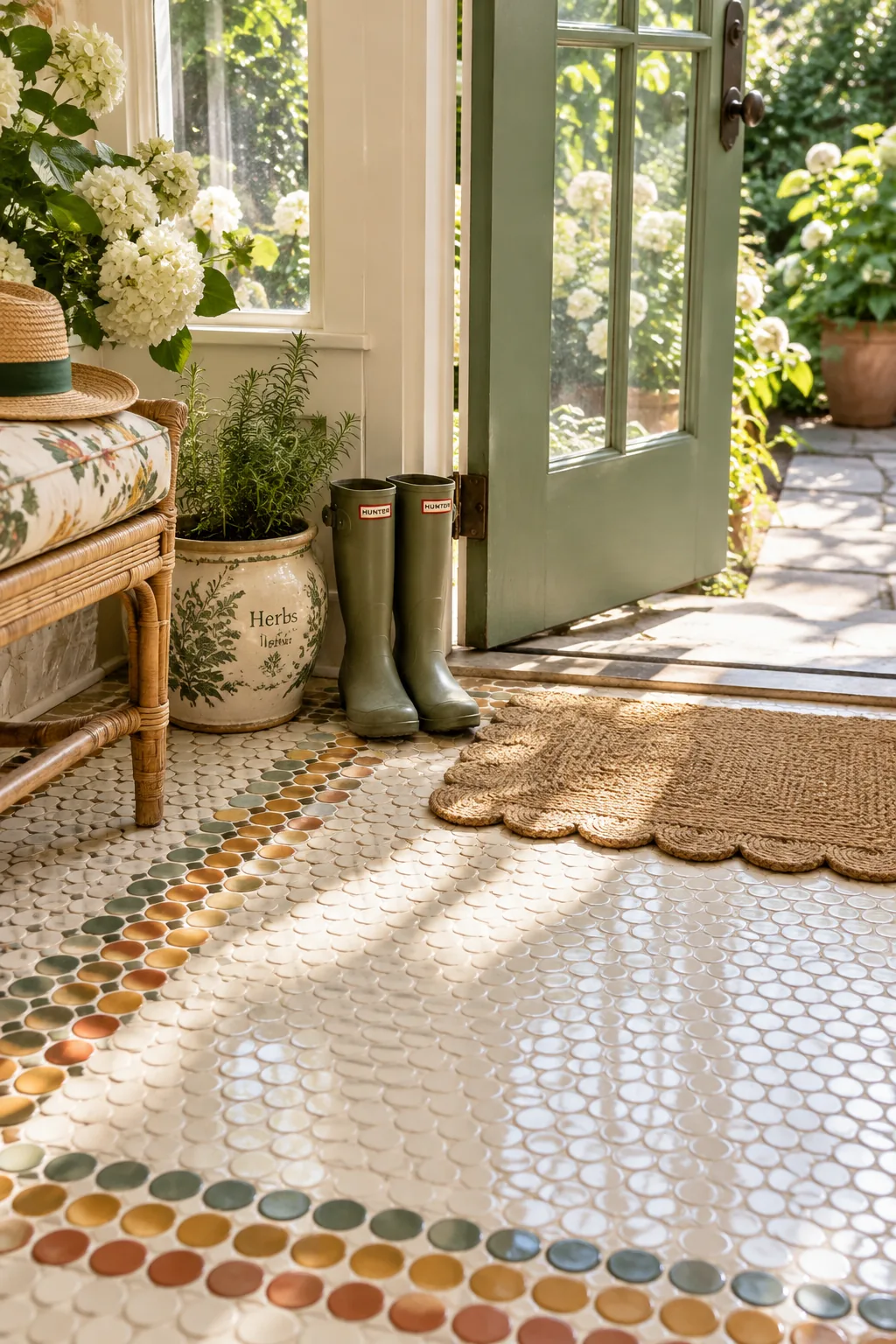 White penny round tiles with a black border on a sunroom floor