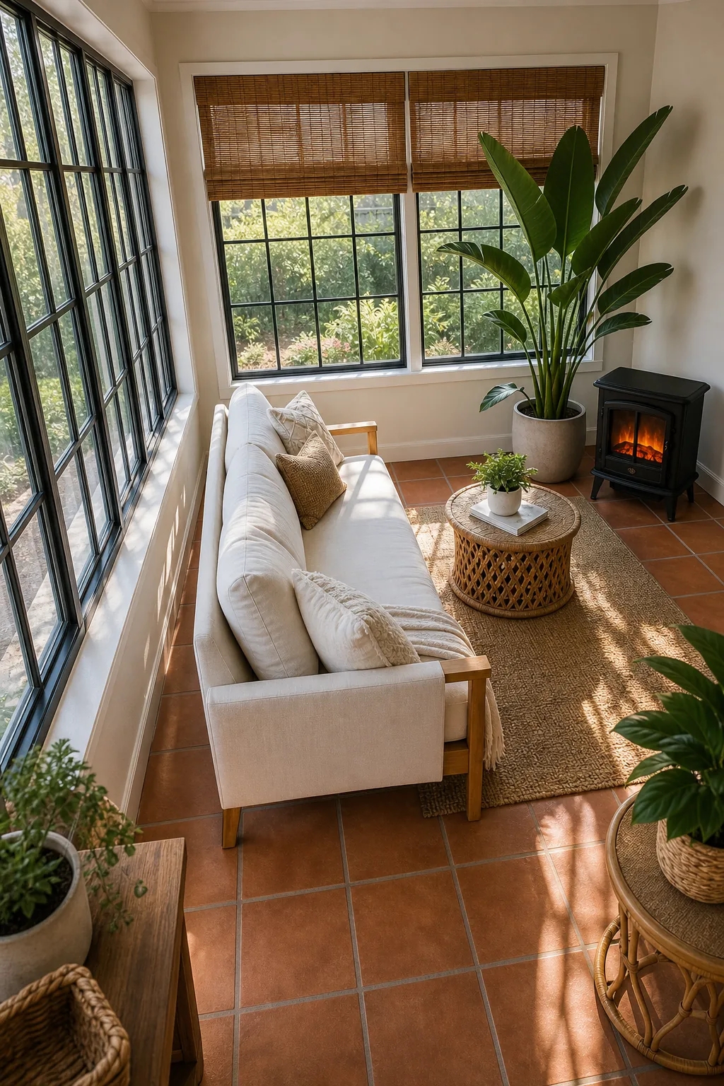Overhead view of a sunroom showing a clear gap between the sofa and the window wall.