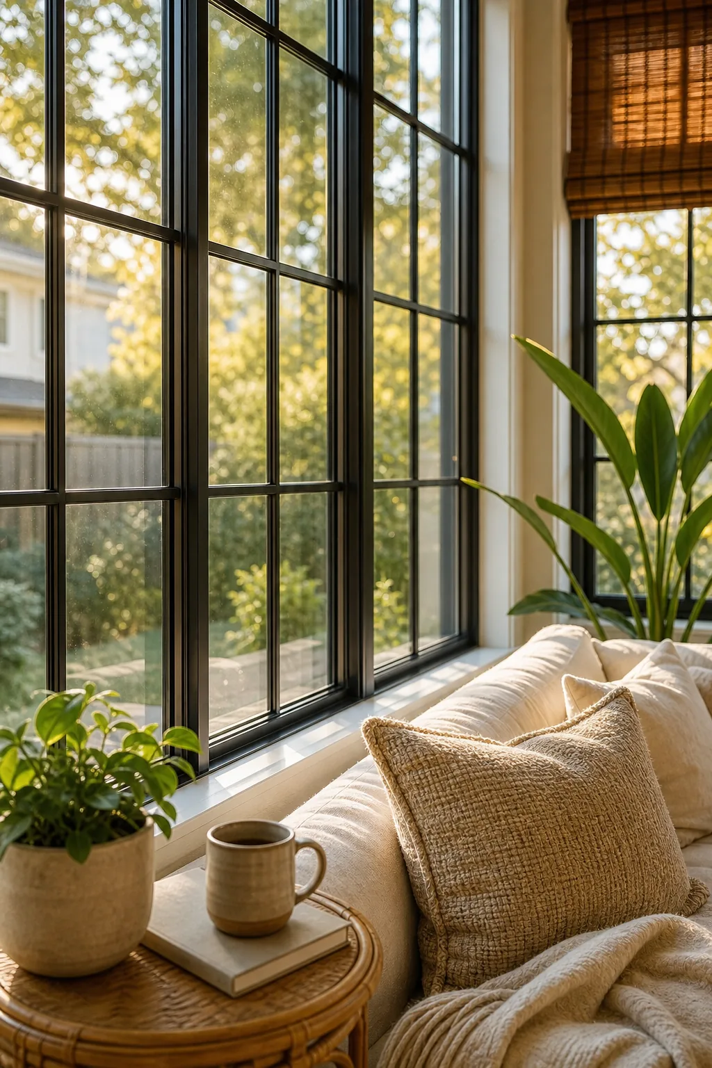Close-up of black grid windows filtering soft sunlight onto a linen pillow.