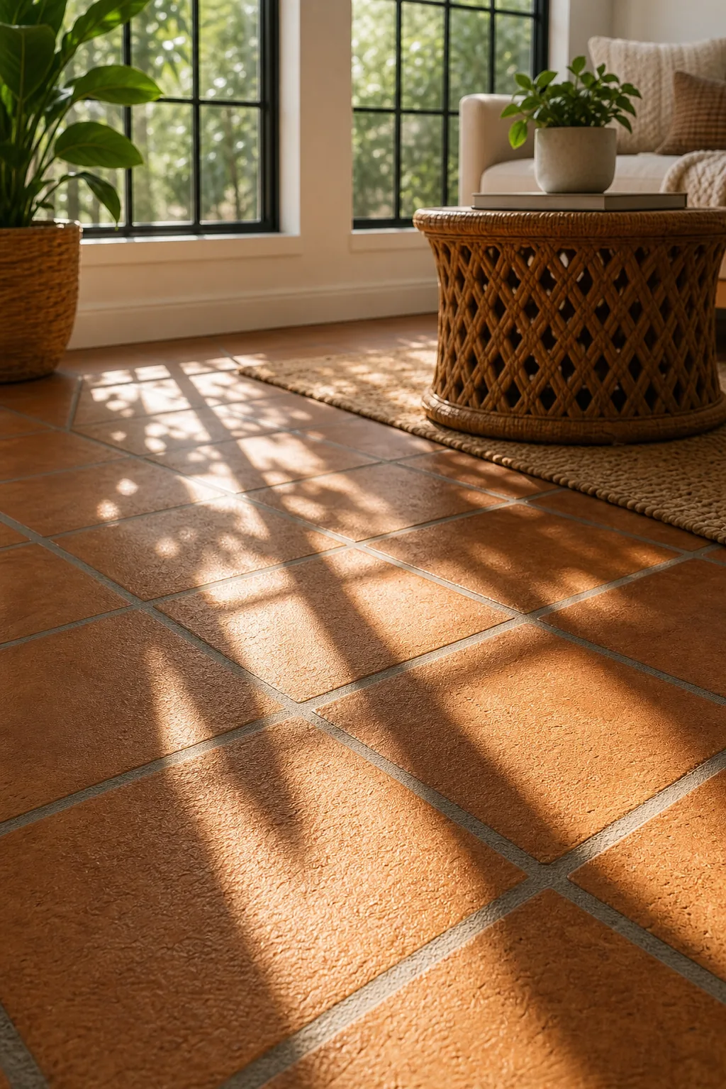 Low angle view of sunlight casting grid shadows on a terracotta tile floor.