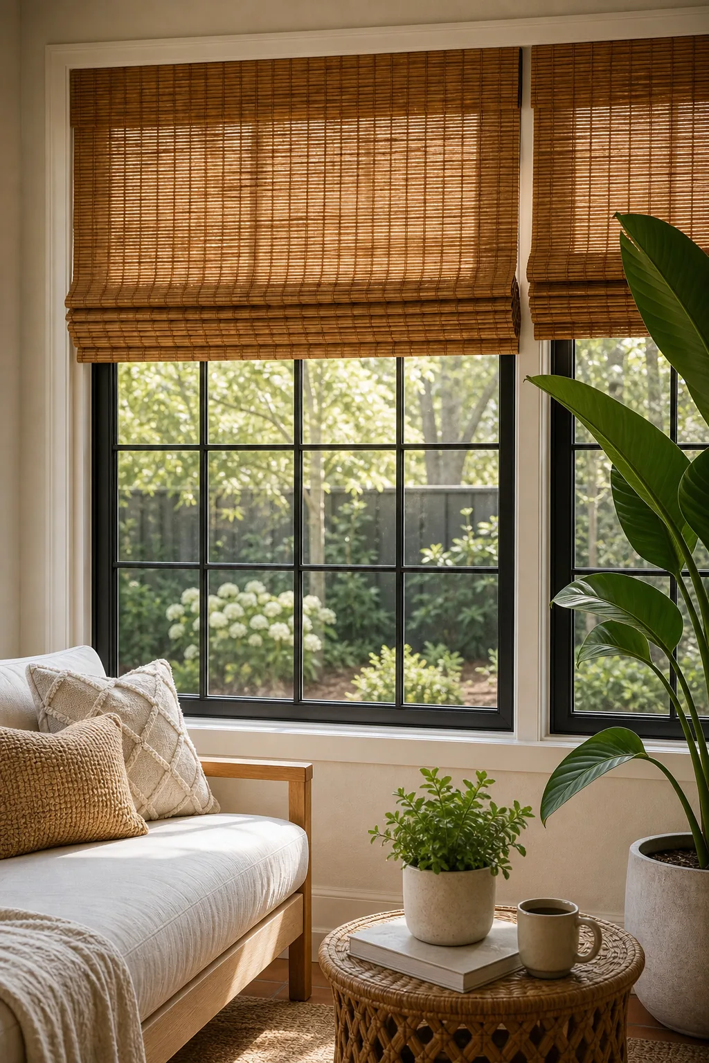 Woven bamboo Roman shades partially drawn over large grid windows.