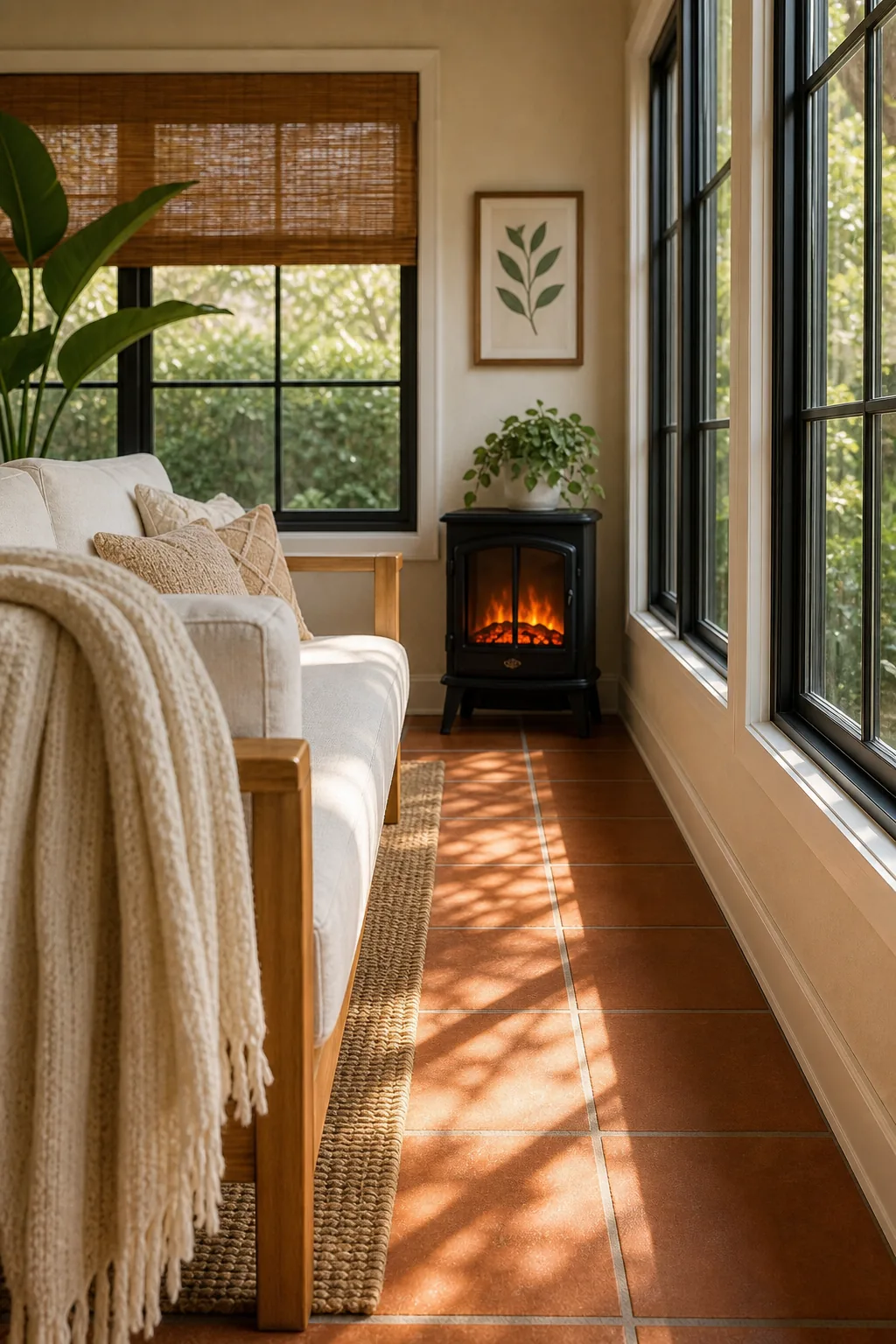 A black freestanding electric stove glowing warmly on a tile floor.