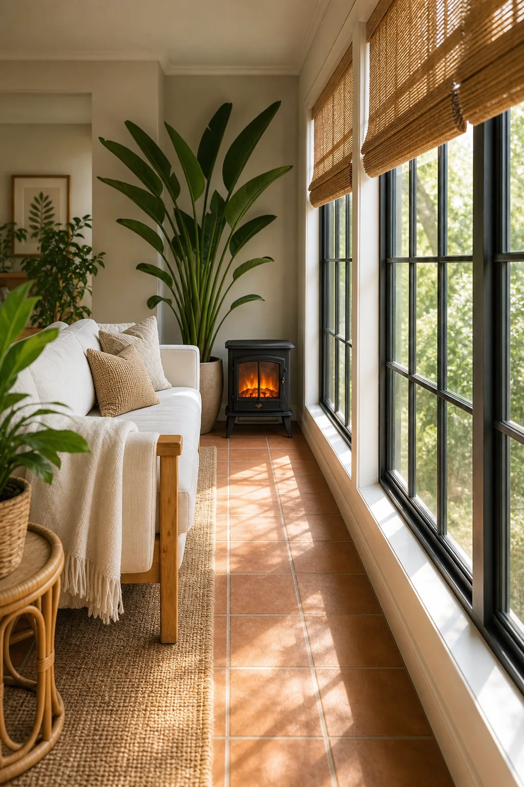 A clear walkway behind a sofa showing the airflow path toward a small stove.