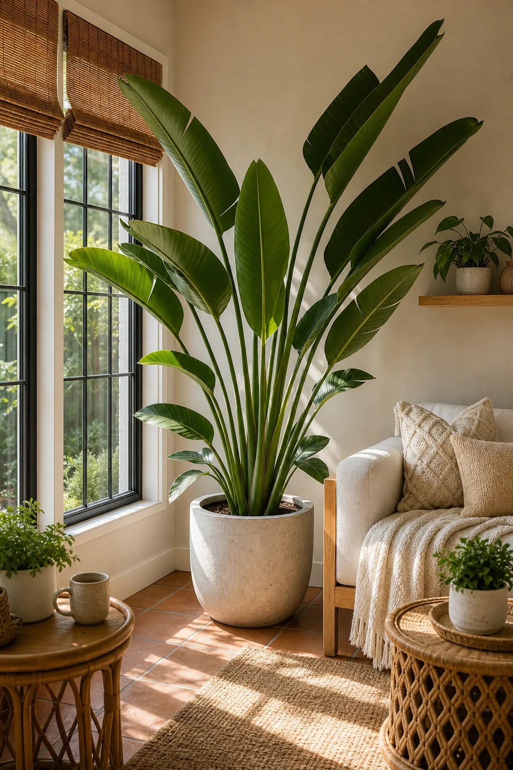 A tall Bird of Paradise plant in a concrete pot bathed in sunlight.