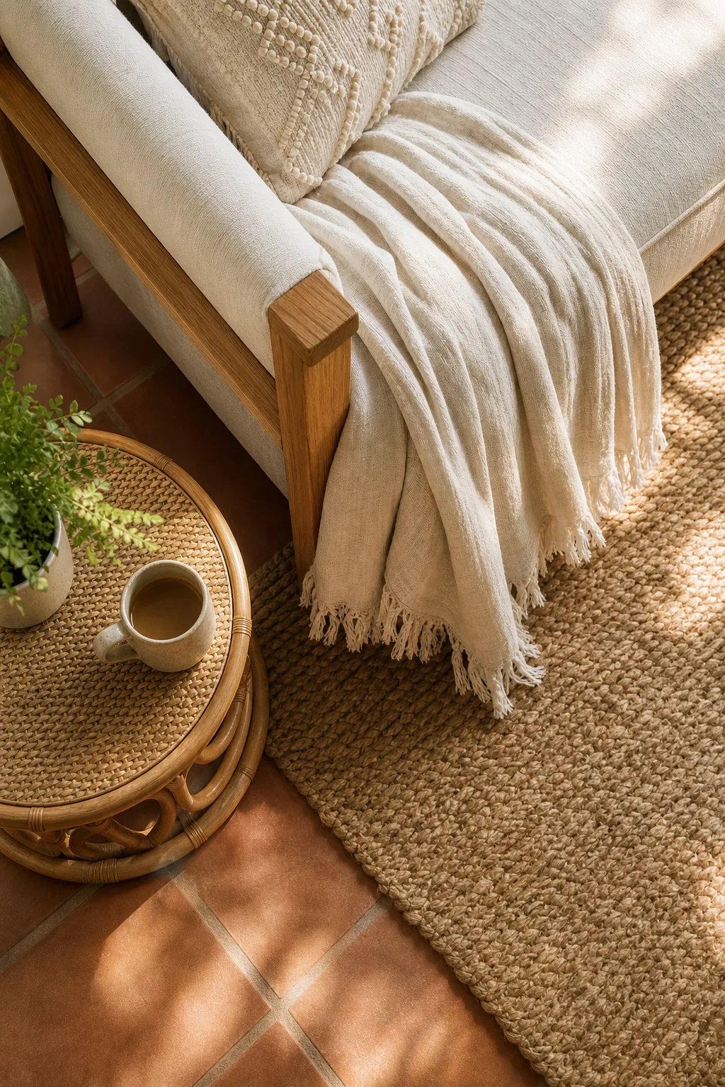 Overhead view of a linen sofa with a throw blanket over a jute rug.