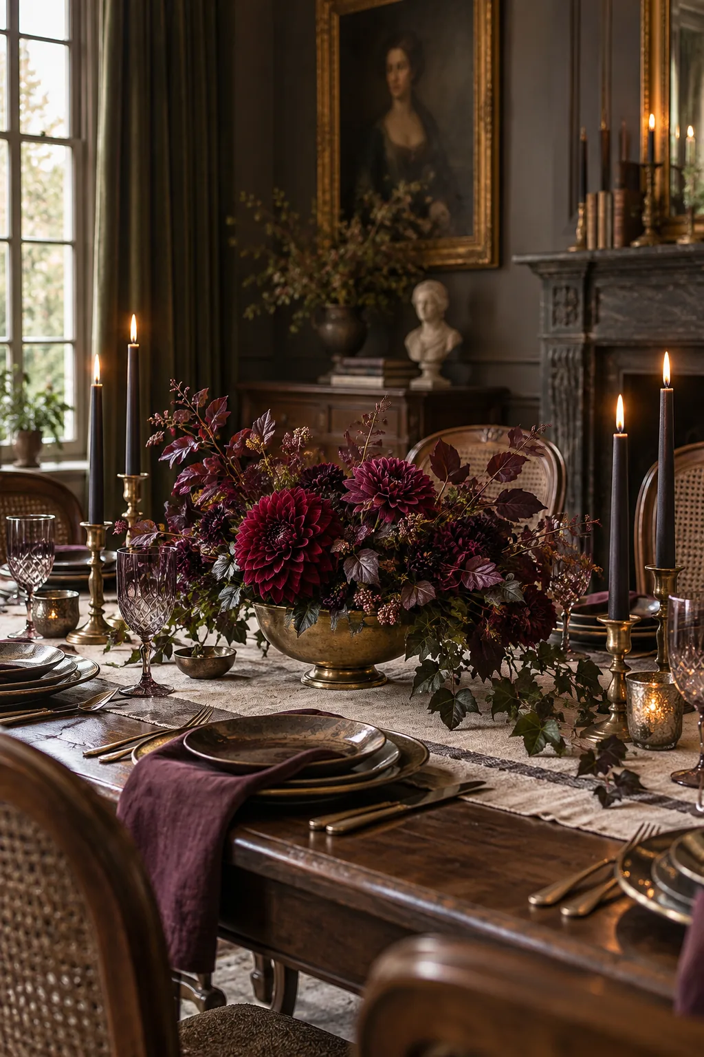Low centerpiece with burgundy flowers and black taper candles on a dark table.