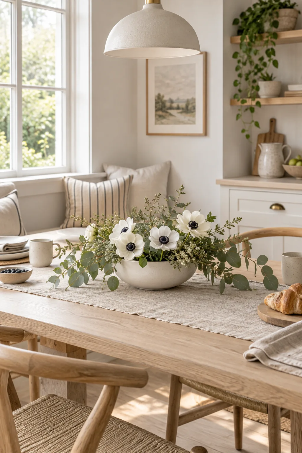 Minimalist white floral arrangement in a matte bowl on a light wood table.