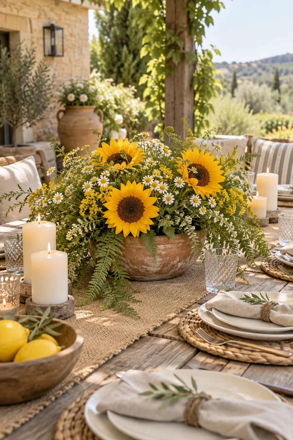 Sunflower and fern centerpiece in a terracotta bowl on a rustic outdoor table.