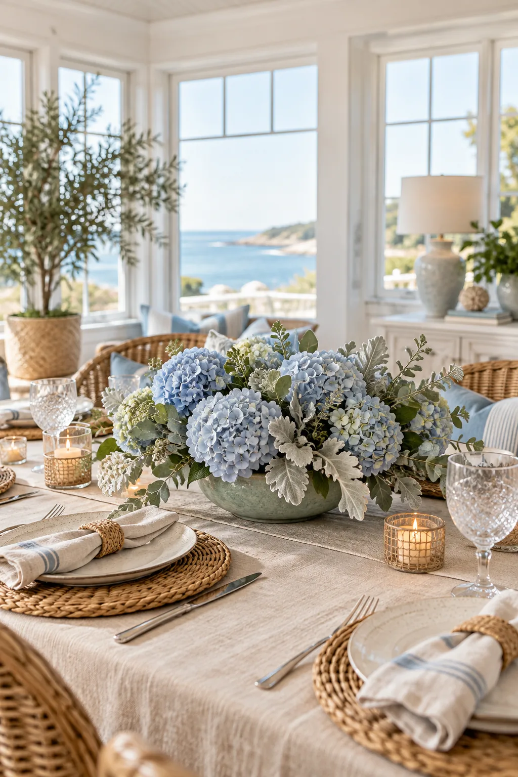 Blue hydrangea centerpiece in a sea-glass bowl on a sandy linen tablecloth.