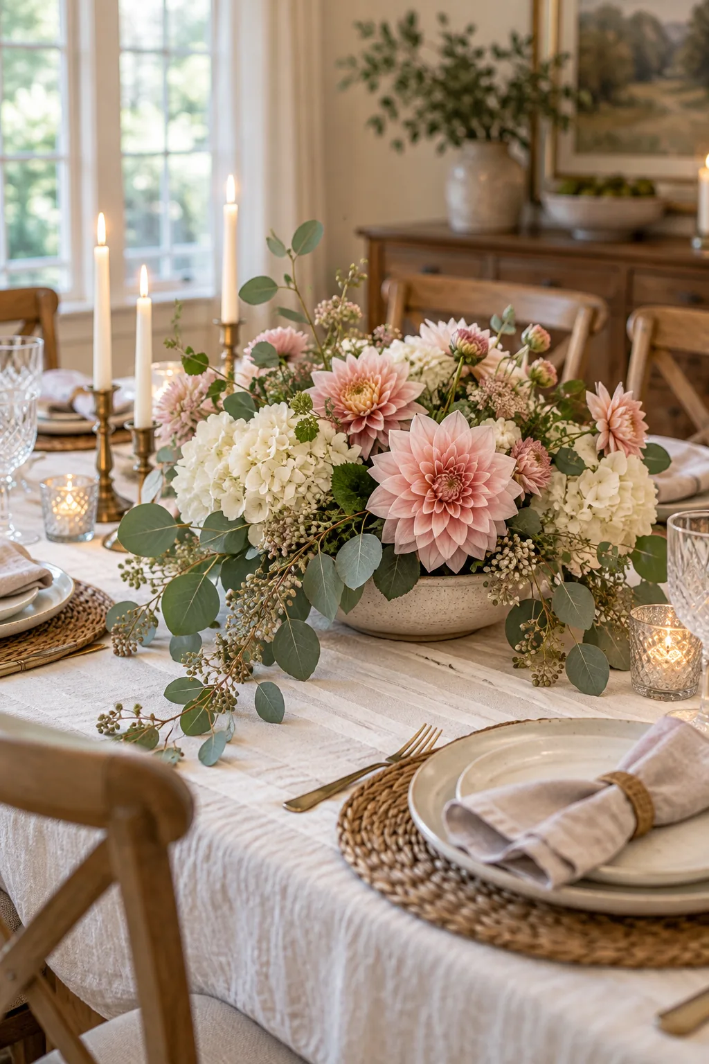 Low speckled ceramic bowl filled with pink and white flowers sitting on a linen tablecloth.