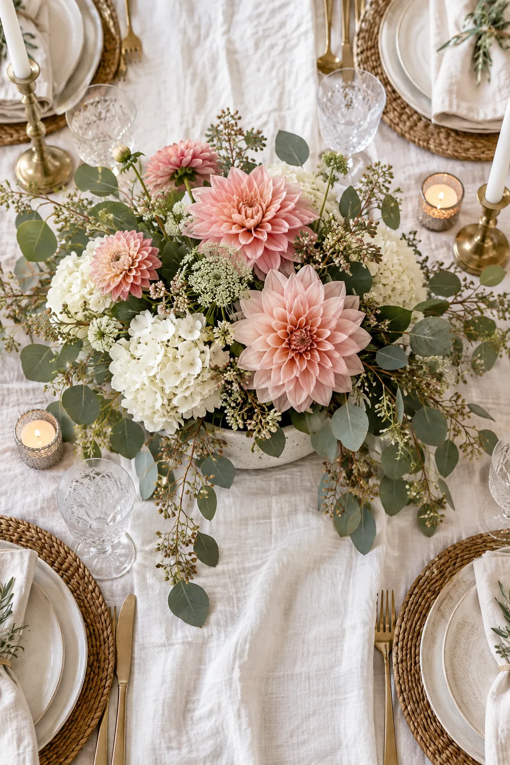 Eucalyptus branches cascading out of a floral bowl onto a white table runner.