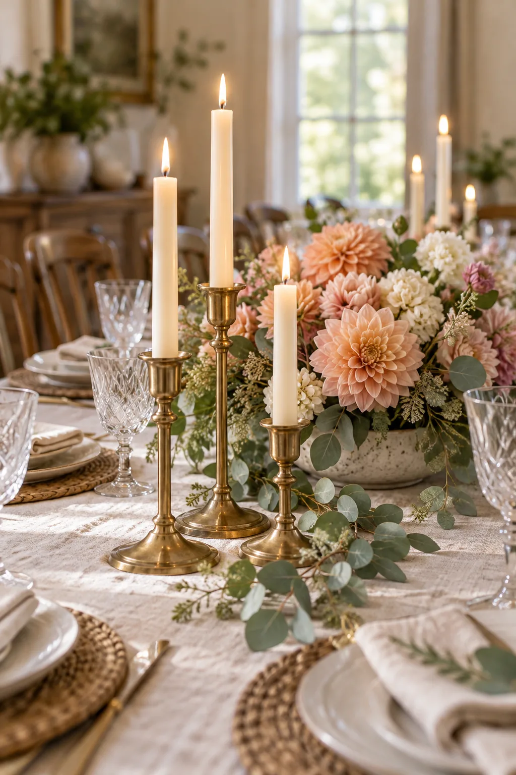 Eye-level view across a dining table showing a low floral arrangement that does not block the opposite chair.