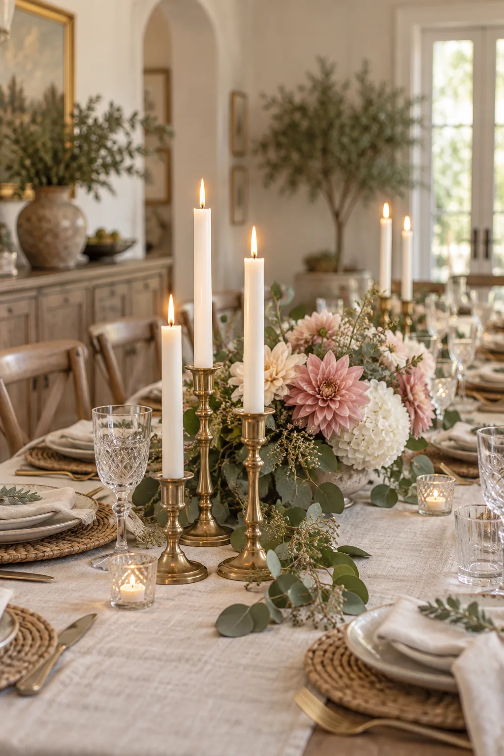 Three lit white taper candles in varying heights of brass candle holders next to a floral arrangement.