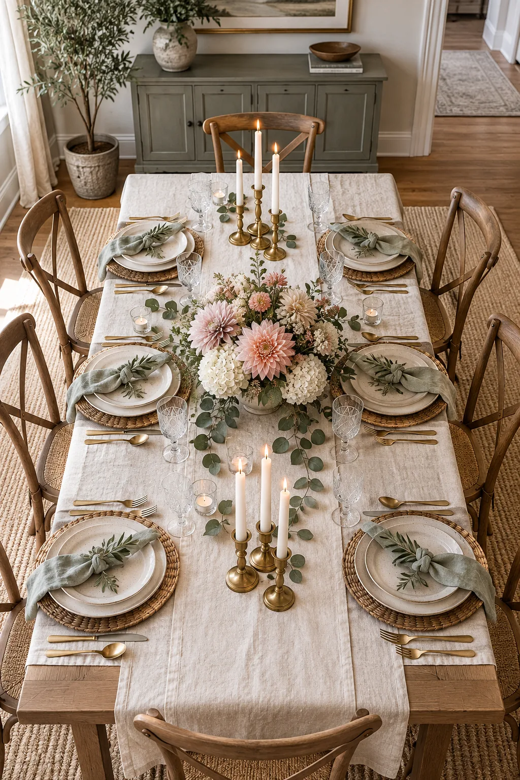 Overhead view of a fully styled dining table with a central floral bowl, candles, and place settings.