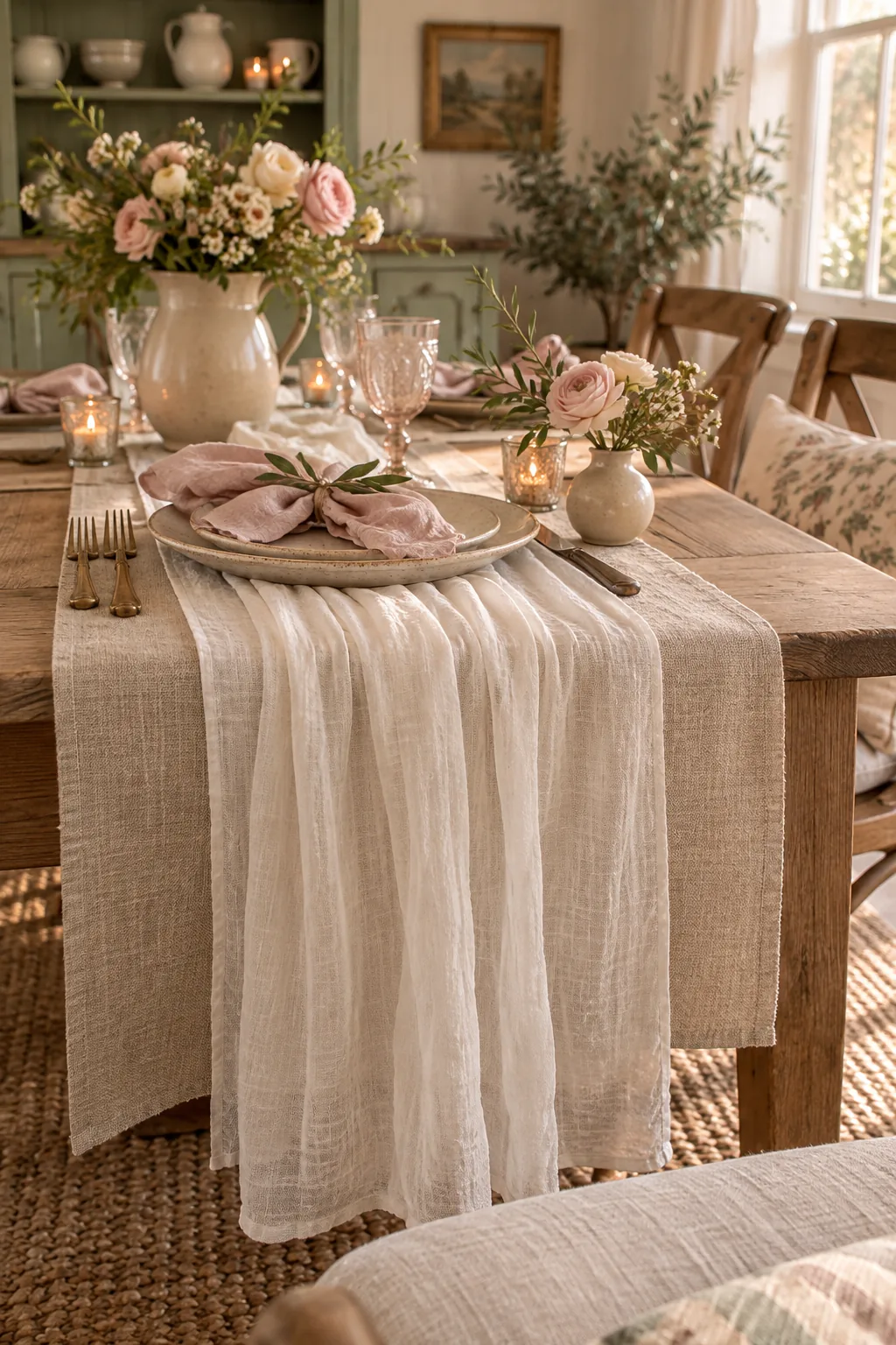 A wide heavy linen table runner topped with a narrow sheer gauze runner on a wooden dining table