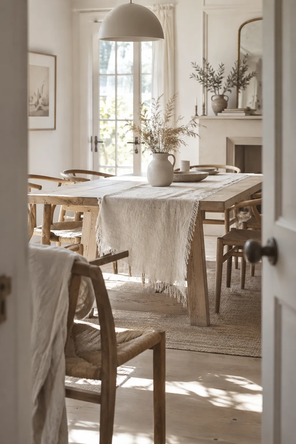 A simple raw edge muslin table runner with frayed ends draped over a dining table