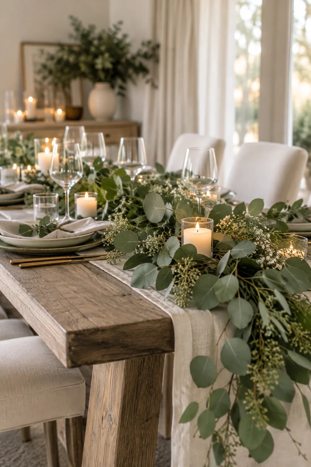 A lush fresh eucalyptus garland used as a table runner with small white candles tucked inside