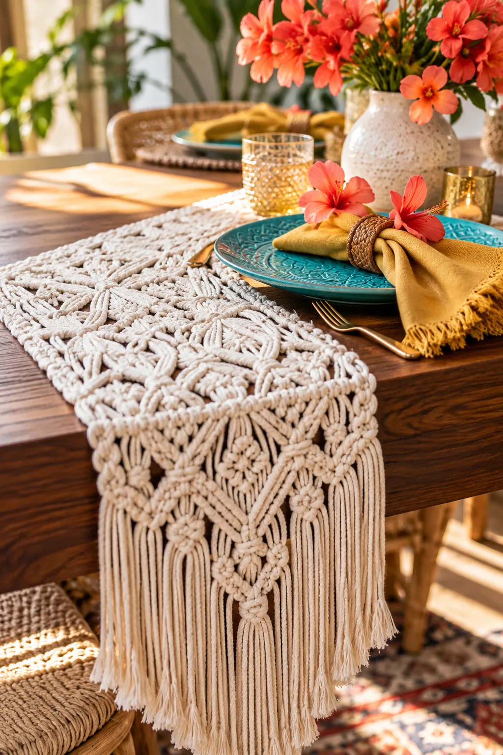 A white knotted macrame table runner with long fringe on a dark wood dining table