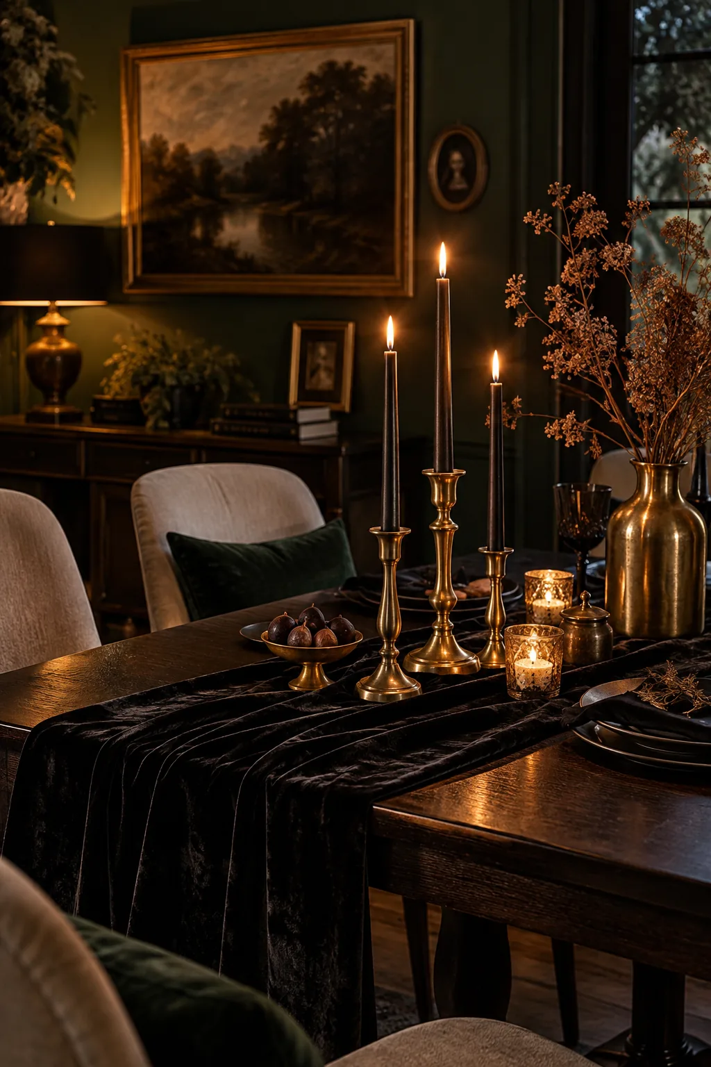 A dark black velvet table runner styled with brass candleholders