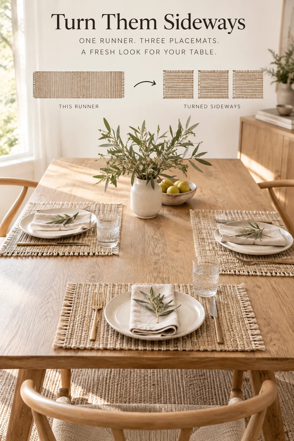 Short woven table runners placed horizontally across the width of a dining table