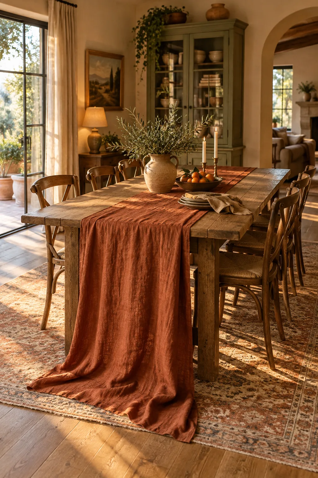 An extra long linen table runner draping off the table and puddling on the floor