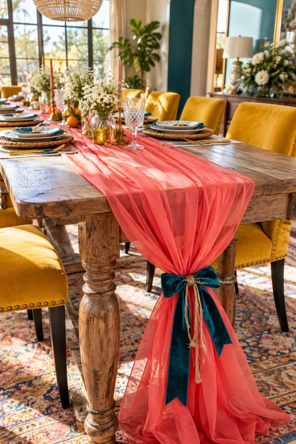 The overhanging ends of a sheer table runner gathered and tied with a velvet ribbon