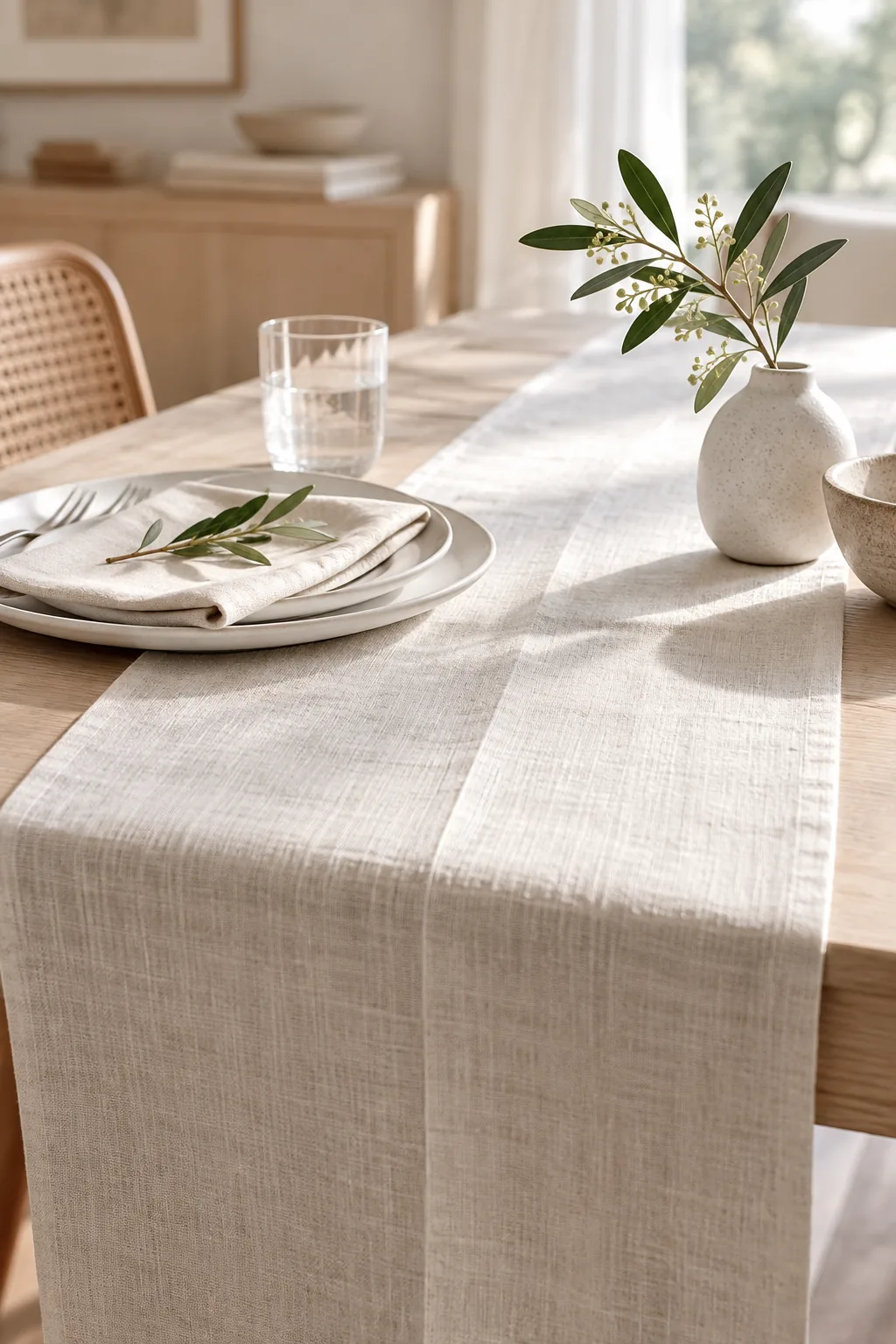 A perfectly ironed linen table runner with a sharp crease down the center