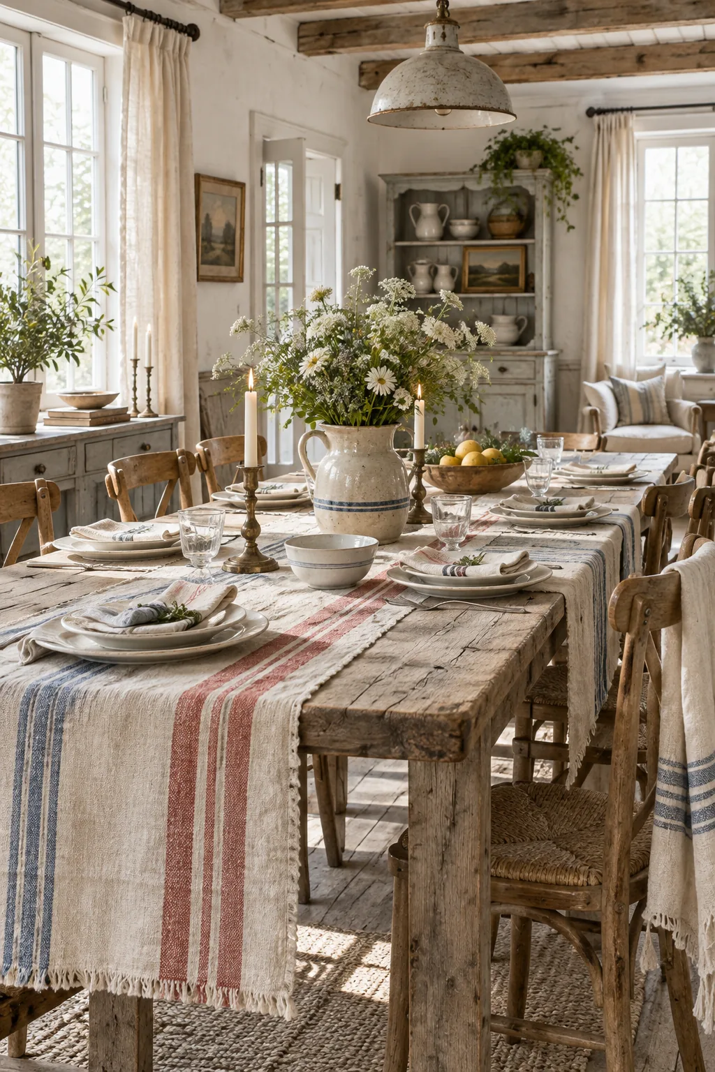 A vintage grain sack with faded red stripes used as a table runner
