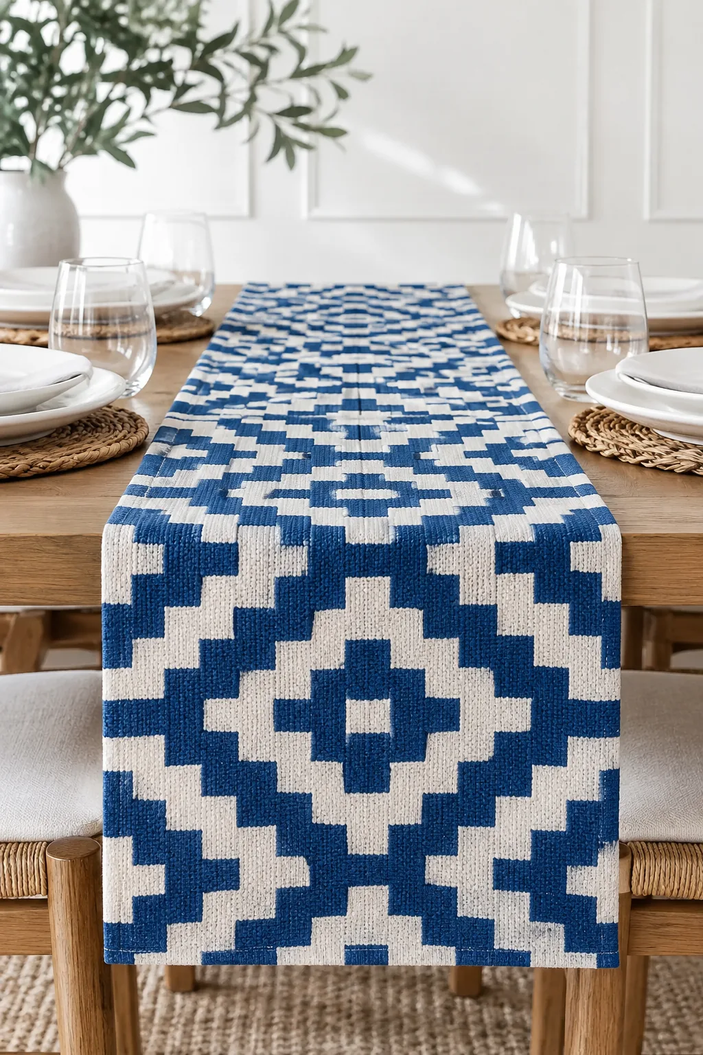 A bold geometric patterned table runner styled with simple white plates