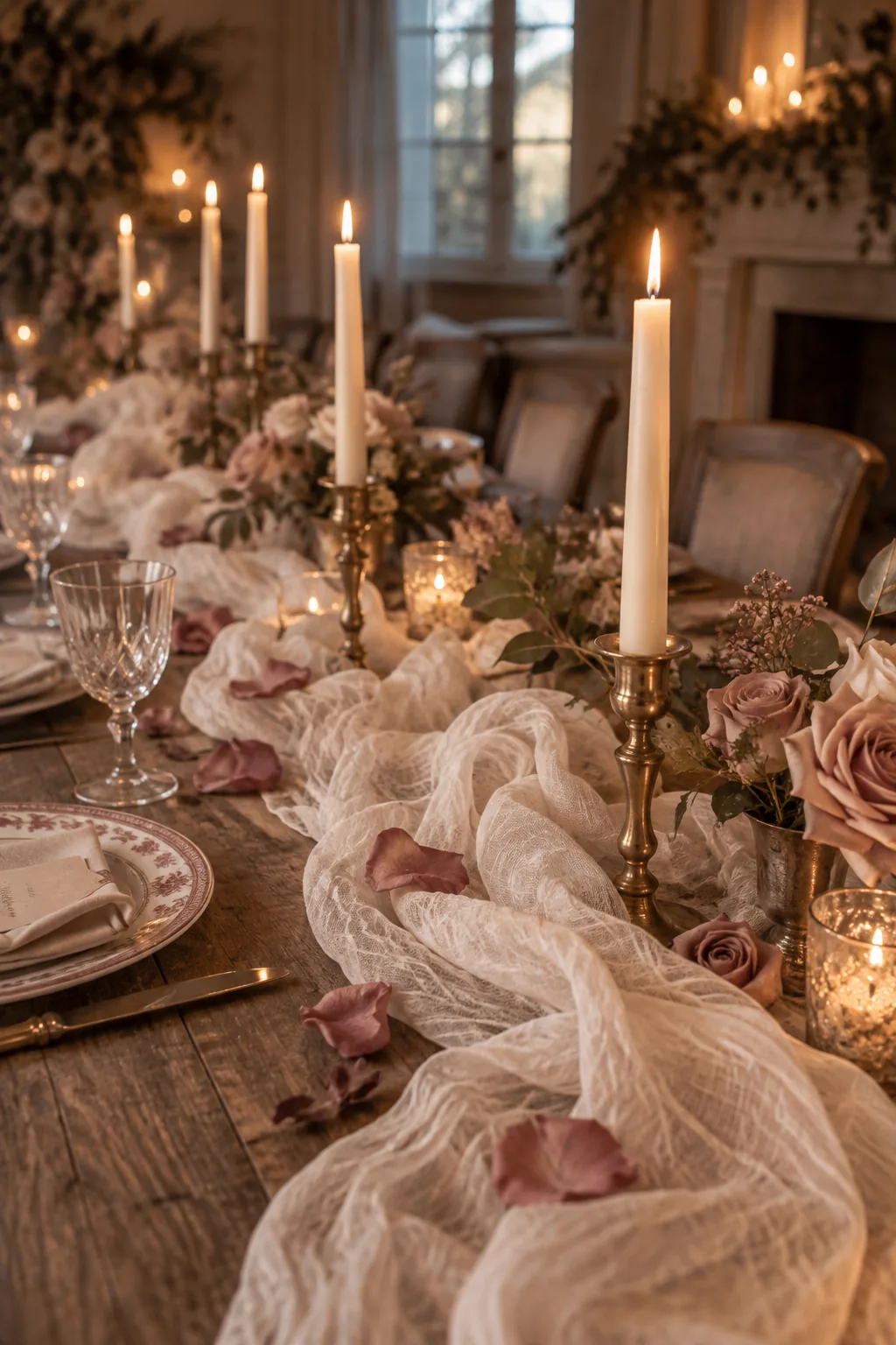 A gathered and scrunched cheesecloth table runner pooling around brass candlesticks