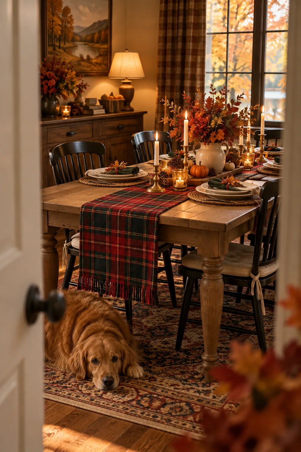 A woven plaid wool table runner on a dining table with white plates