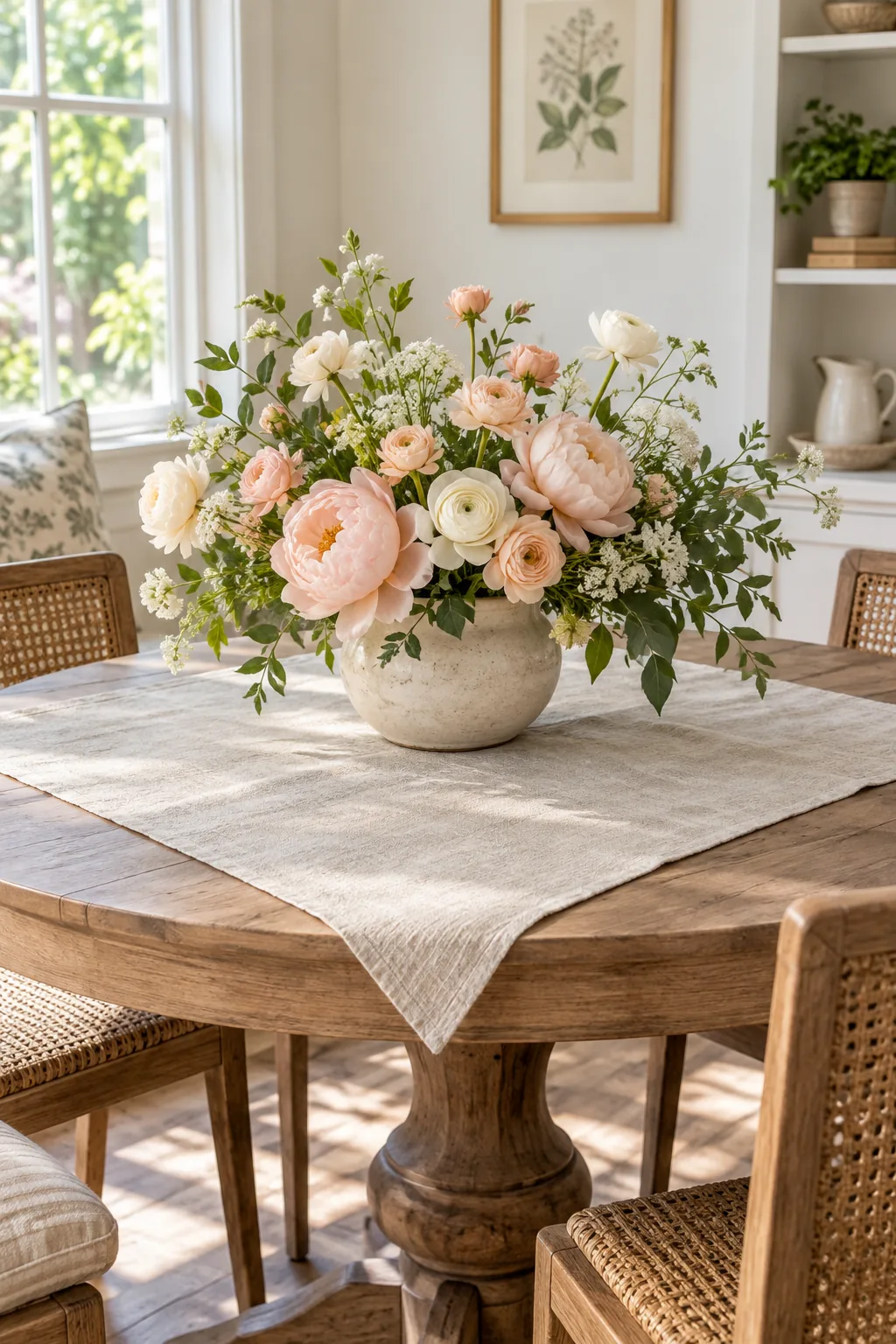 A short square table runner placed in the center of a round dining table