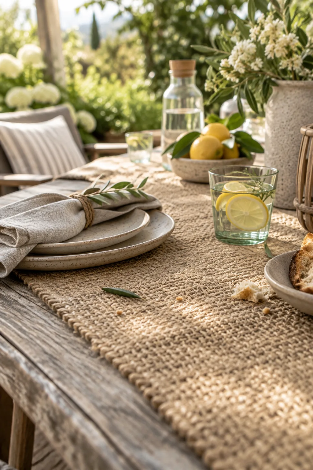 A heavy woven jute table runner on a wooden outdoor patio table