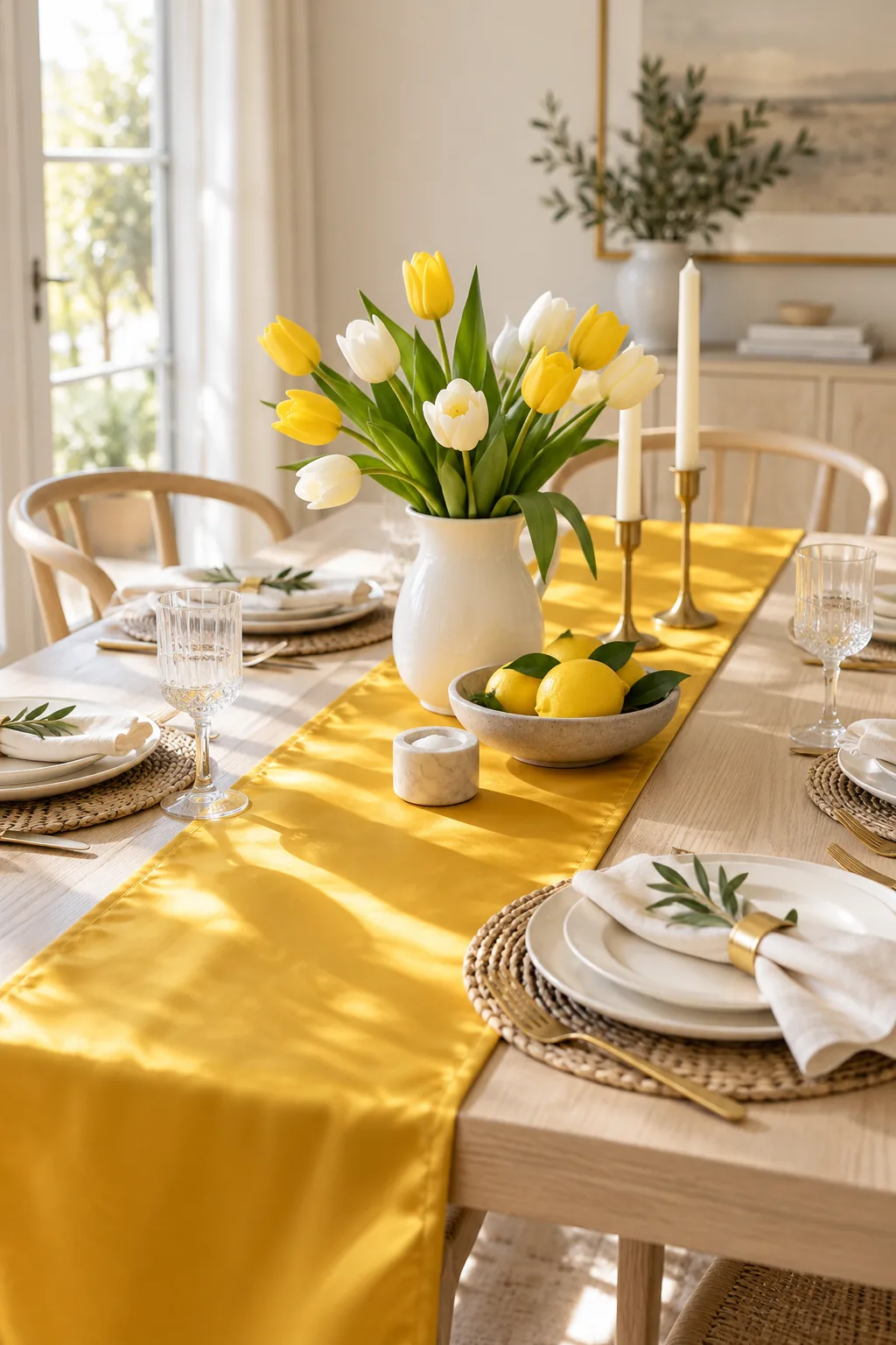 A narrow brightly colored silk table runner taking up one-third of the table width