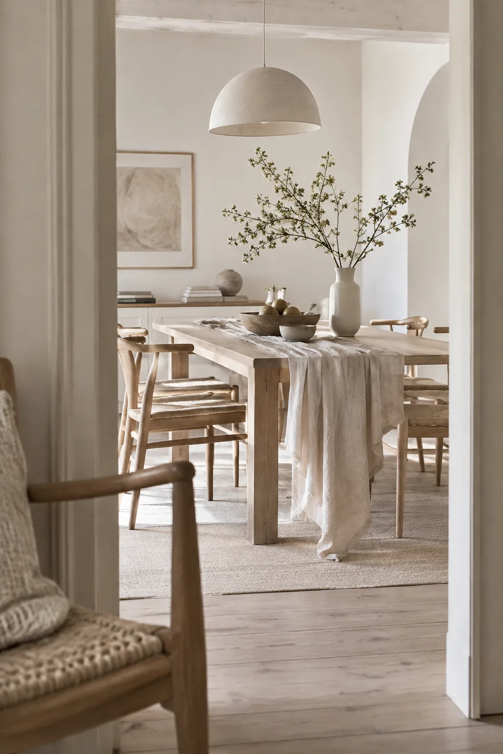 A long linen table runner draped asymmetrically off one side of a dining table