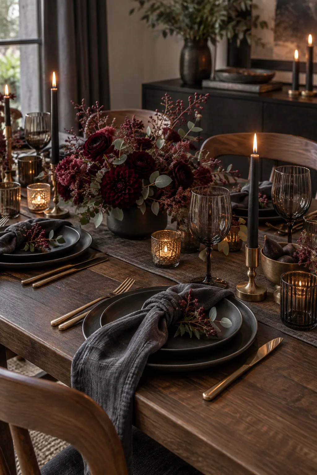 Moody modern tablescape with matte black plates and burgundy florals on a walnut table.