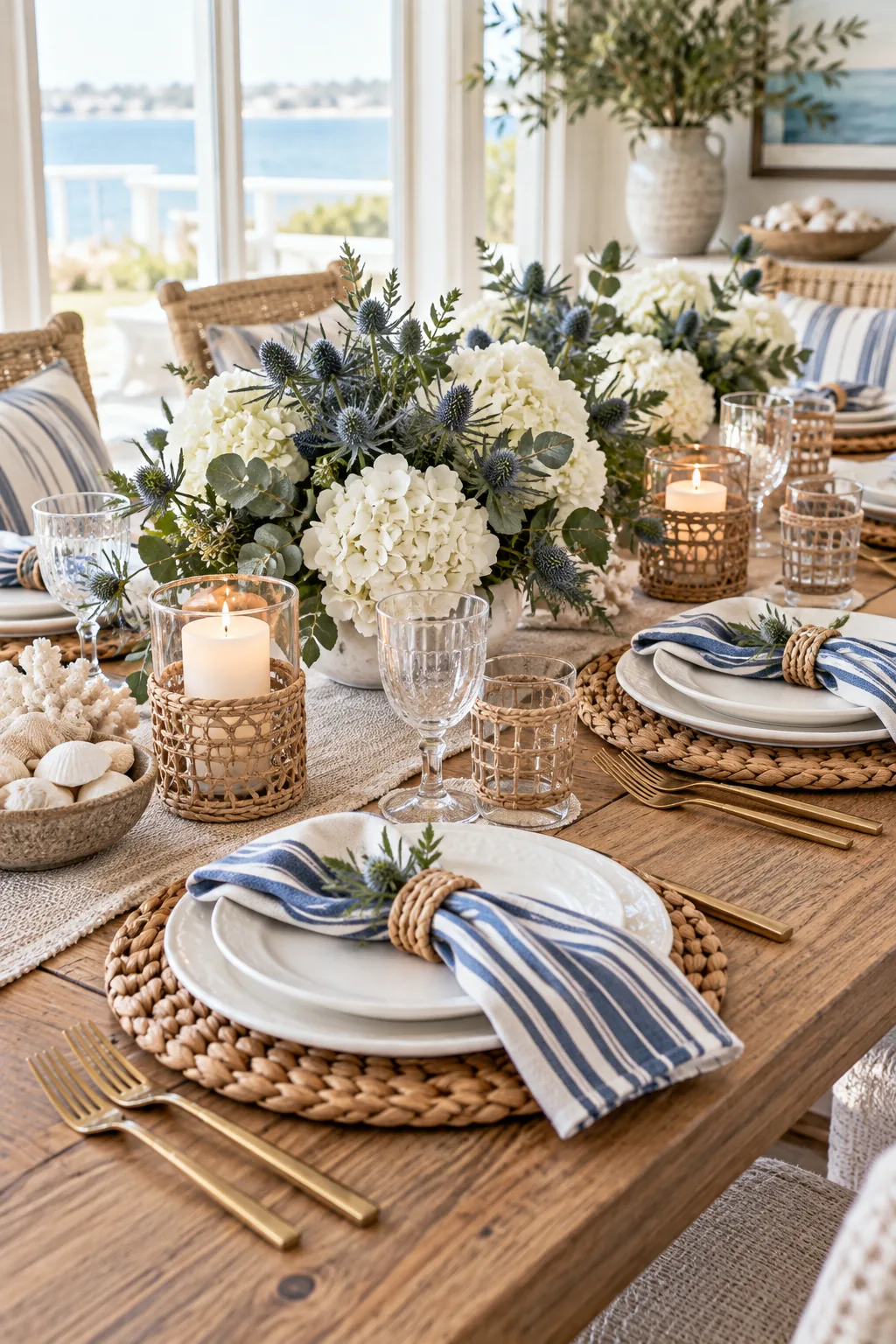 Coastal tablescape with rattan chargers, white plates, and navy striped napkins.