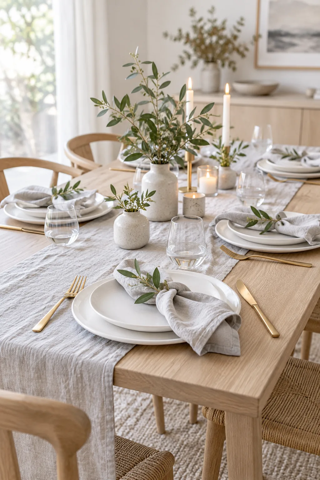 Minimalist Scandinavian tablescape with bone china and pale gray linens on ash wood.