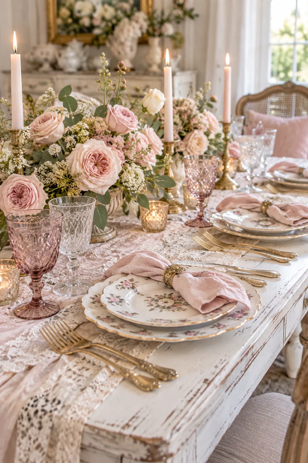 Romantic vintage tablescape with scalloped china and mismatched crystal on a lace runner.