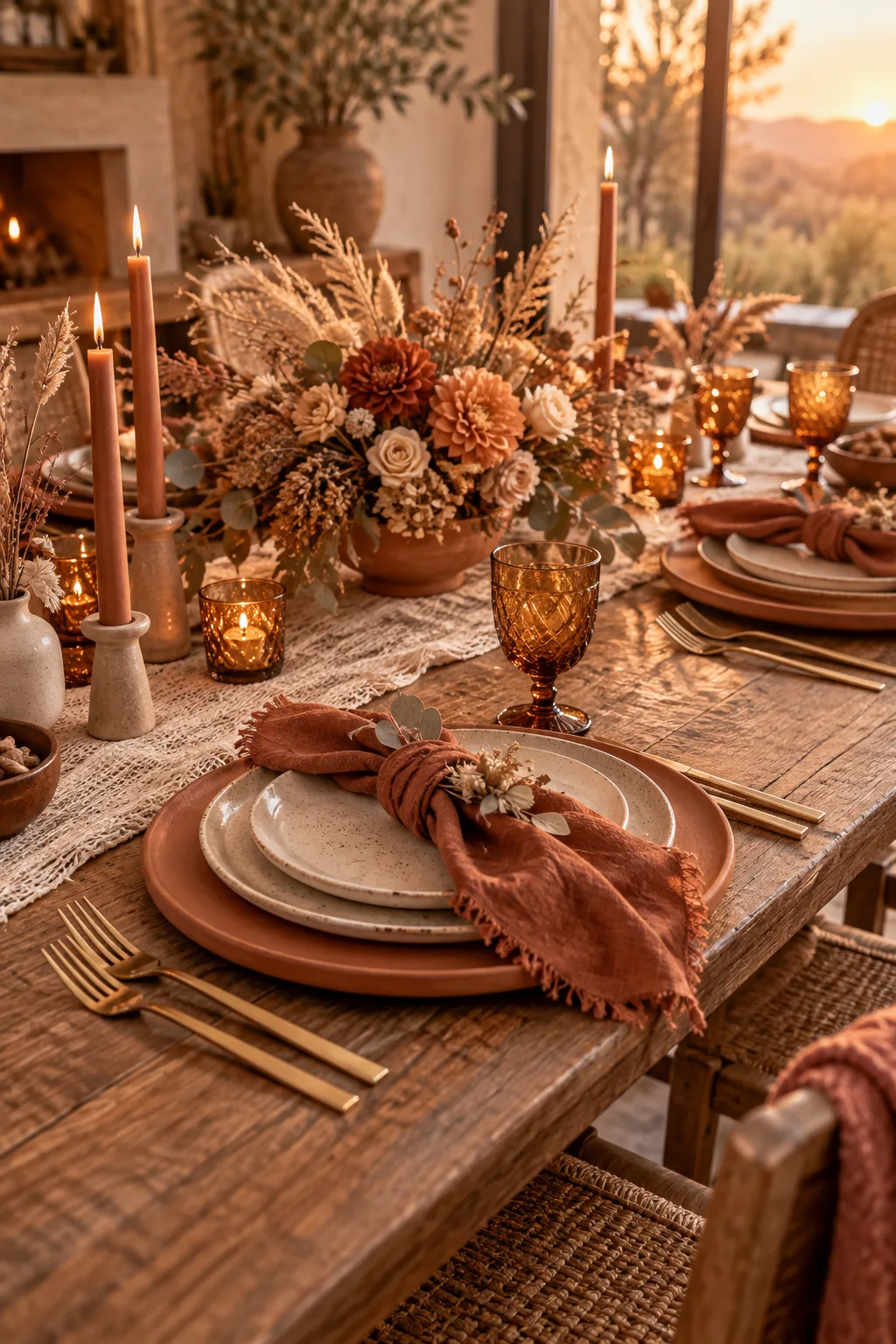 Earthy tablescape with terracotta chargers, rust napkins, and amber glassware.