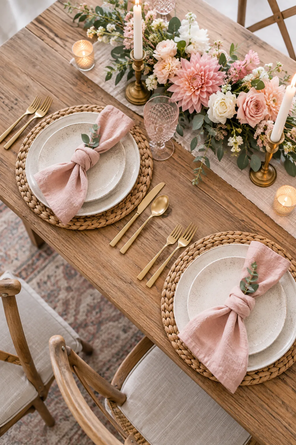 Two fully styled place settings on a wooden dining table showing the distance between them.