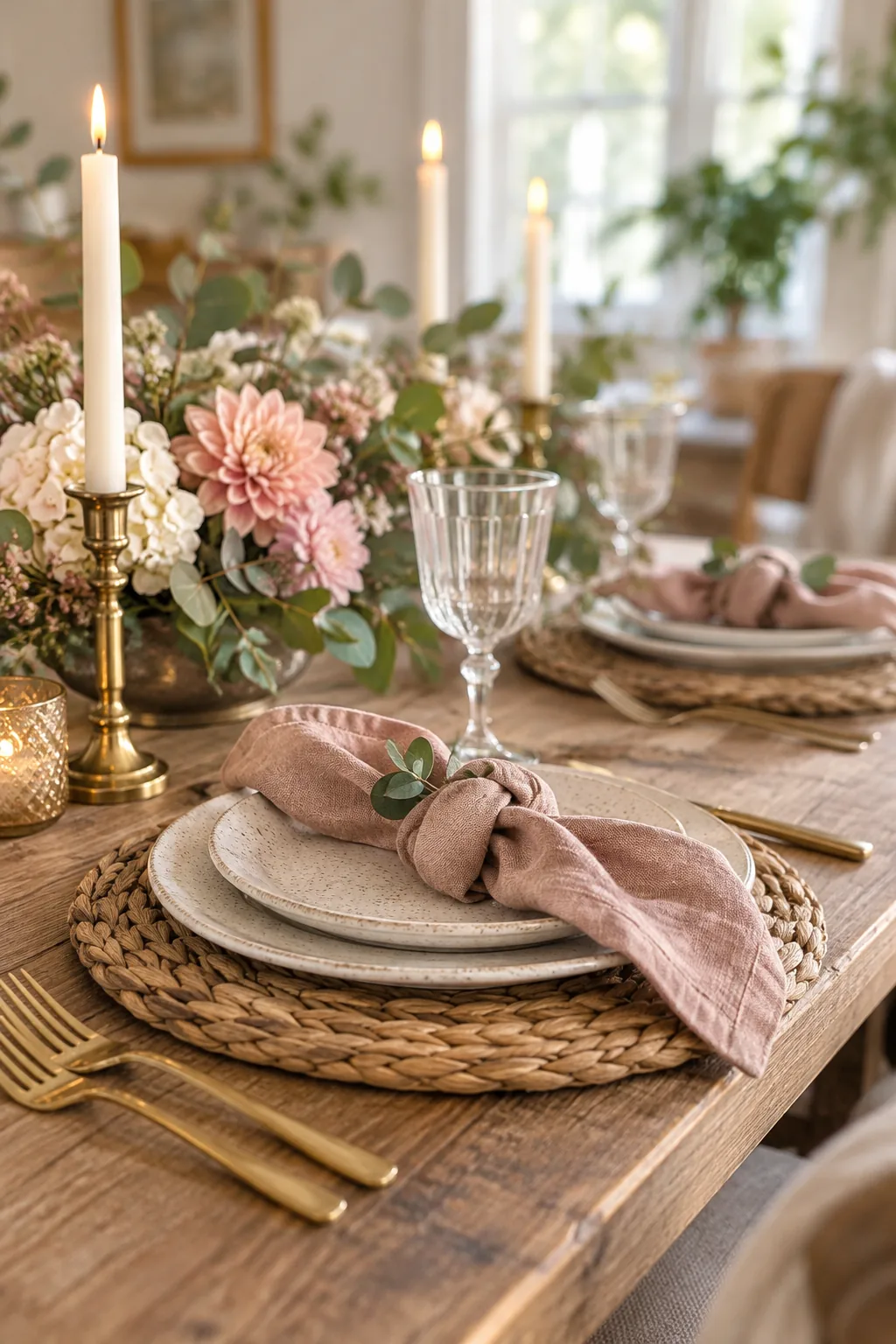 Close-up of a speckled ceramic dinner plate resting on a woven charger plate on a wood table.