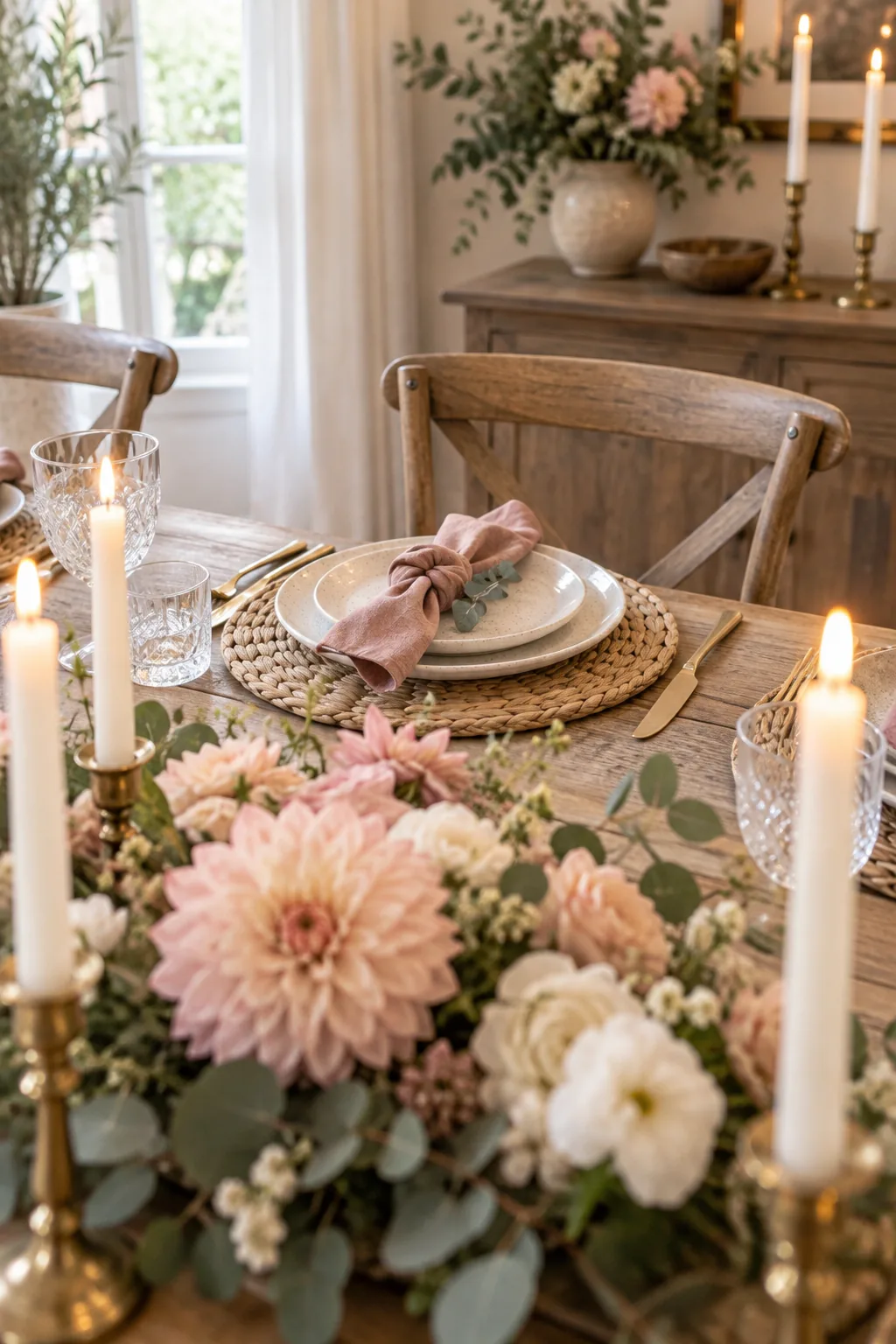 Overhead view of a knotted pink linen napkin with a eucalyptus sprig on a ceramic plate.