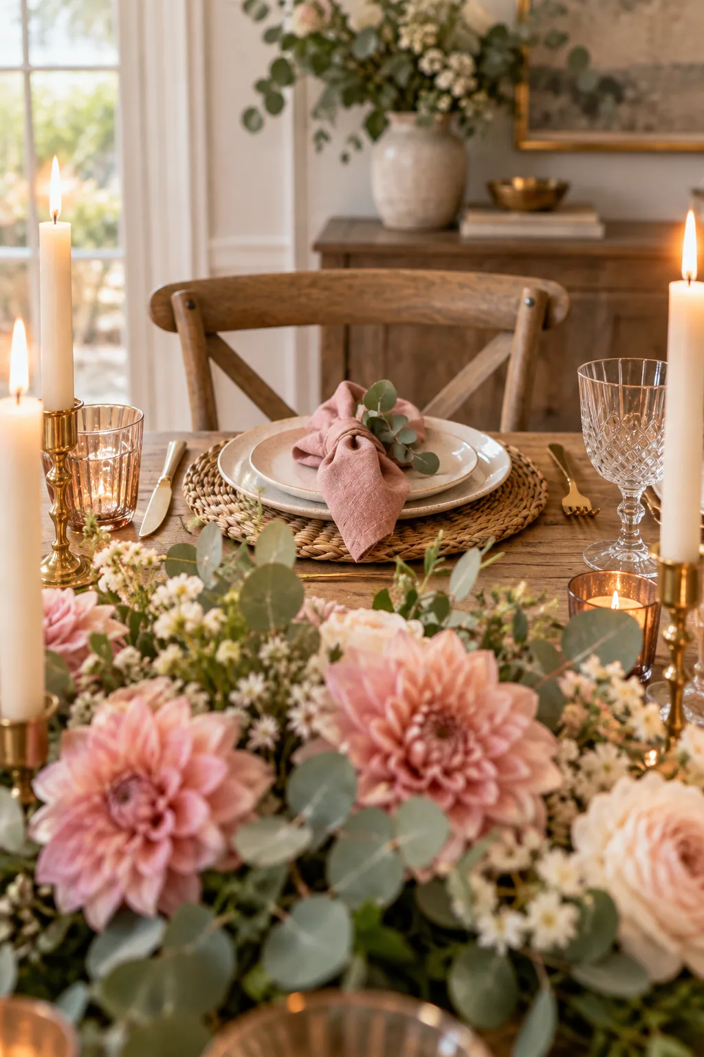 View across a dining table looking over a low pink floral centerpiece toward a place setting.