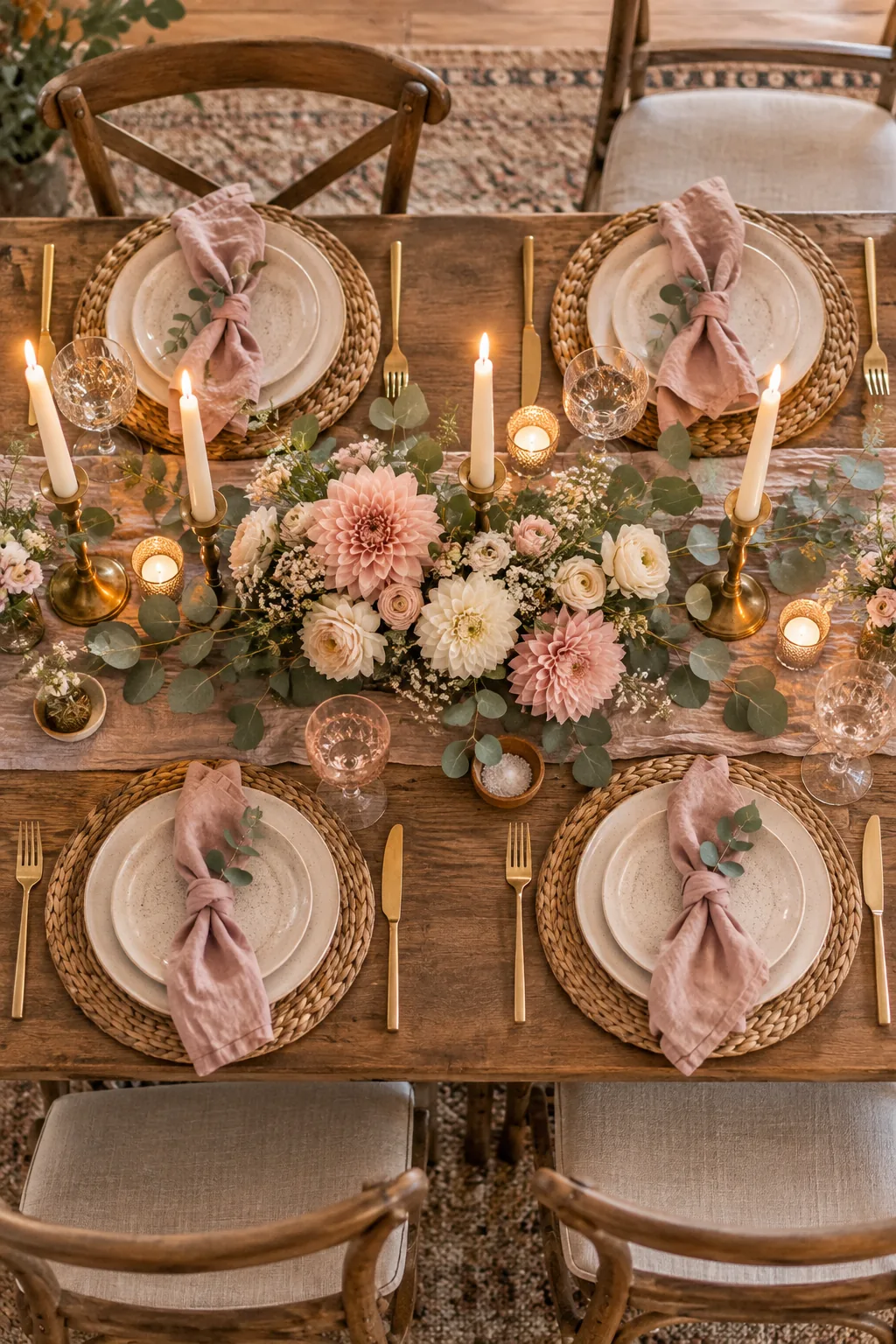 Wide view of a fully styled dinner party tablescape with low florals and tall candles.