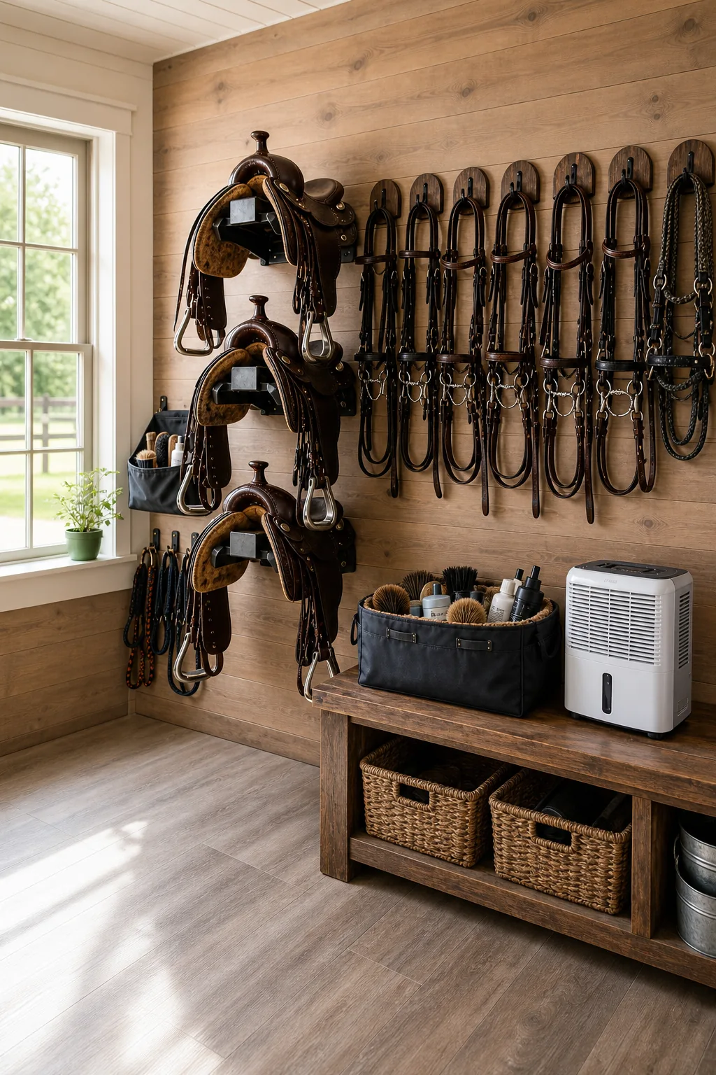 An elevated view of a wood-paneled tack room wall showing separated zones for saddles, bridles, and grooming supplies.