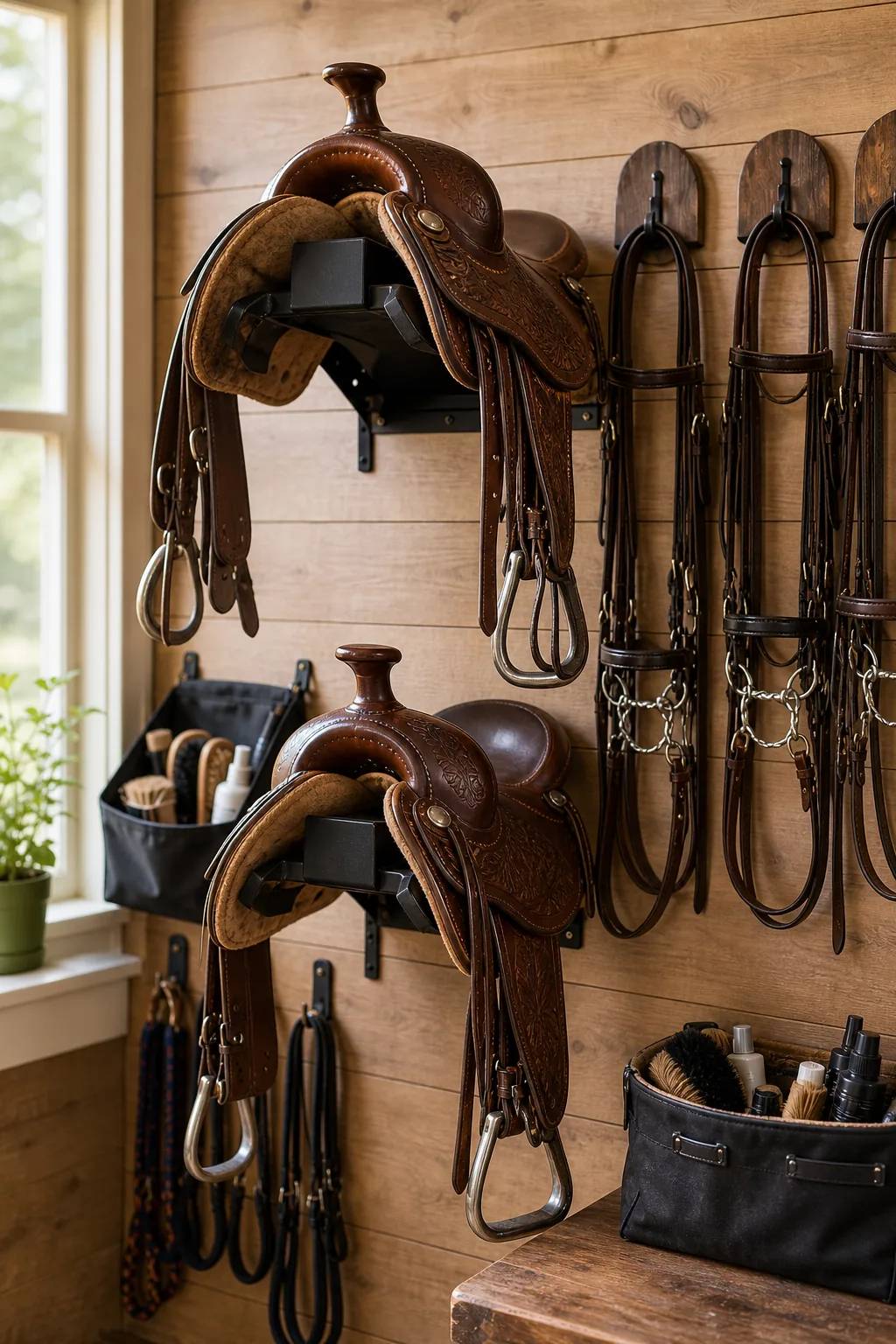 A close-up view showing the vertical empty space between two leather western saddles mounted on a wood wall.