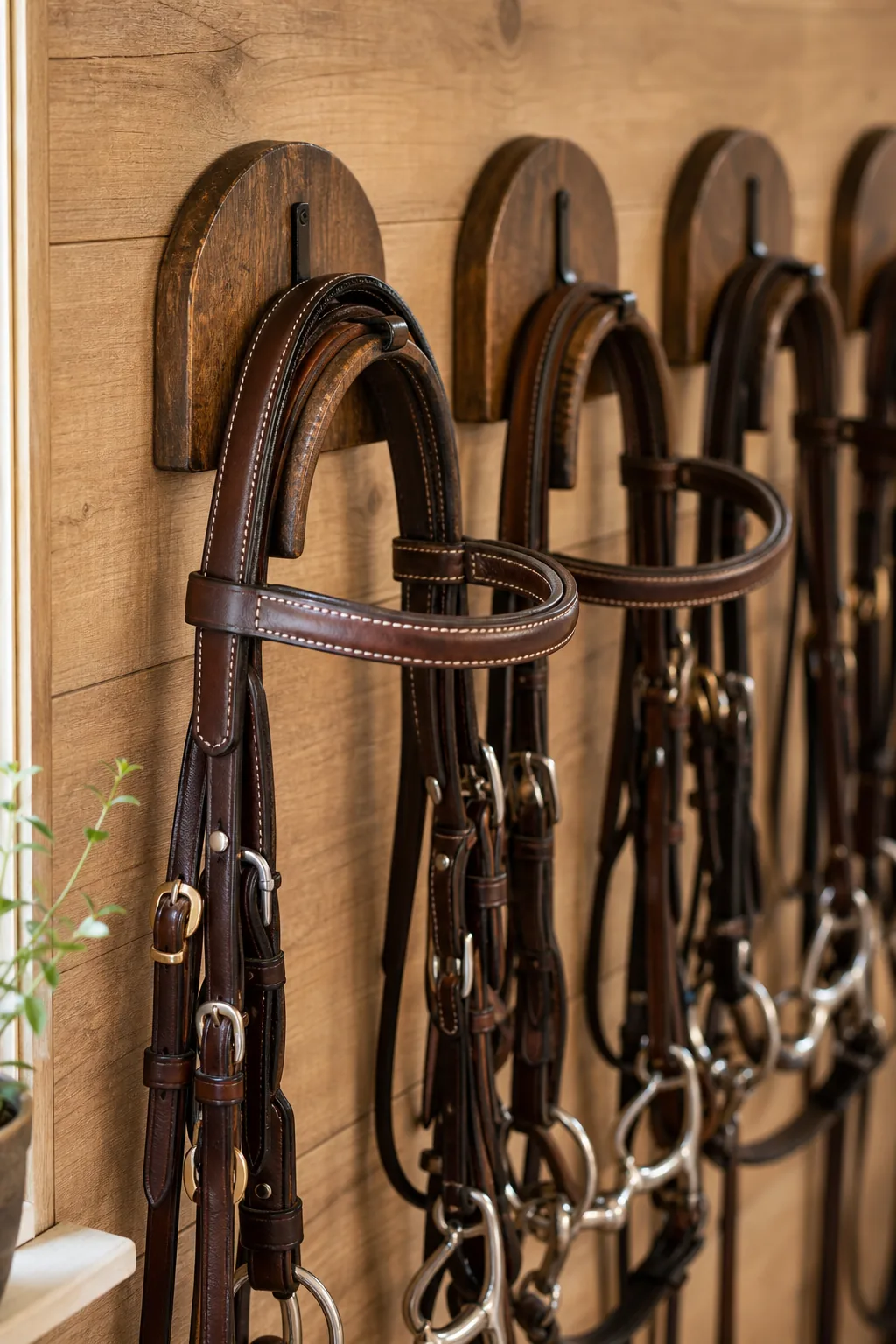 A close-up of a leather bridle's crownpiece resting securely on a wide, rounded wooden wall hook.
