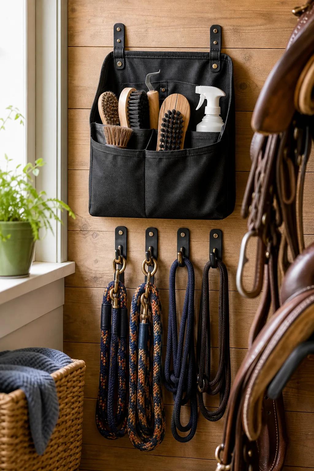 A black fabric wall caddy holding horse brushes and grooming sprays, mounted on a wood paneled wall.