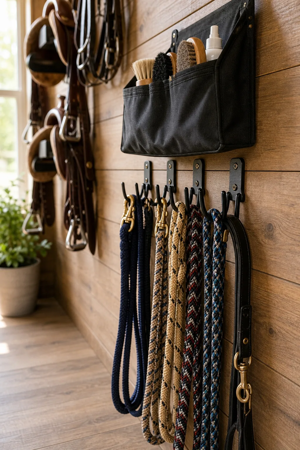 Several patterned lead ropes hanging neatly from small black wall hooks below a grooming station.